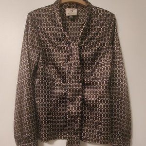 BANANA REPUBLIC Black Satin Blouse Geo Pattern Fitted Button Down Neck Bow Tie